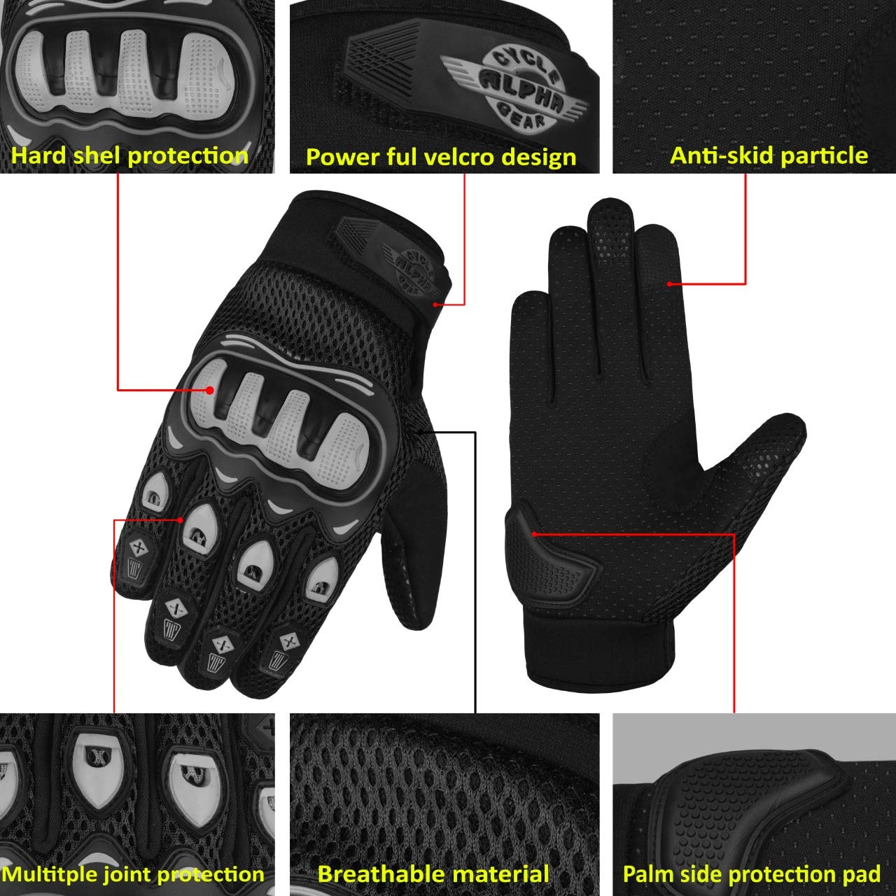 ALPHA CYCLE GEAR Moto Sports Gloves (Black, Medium)