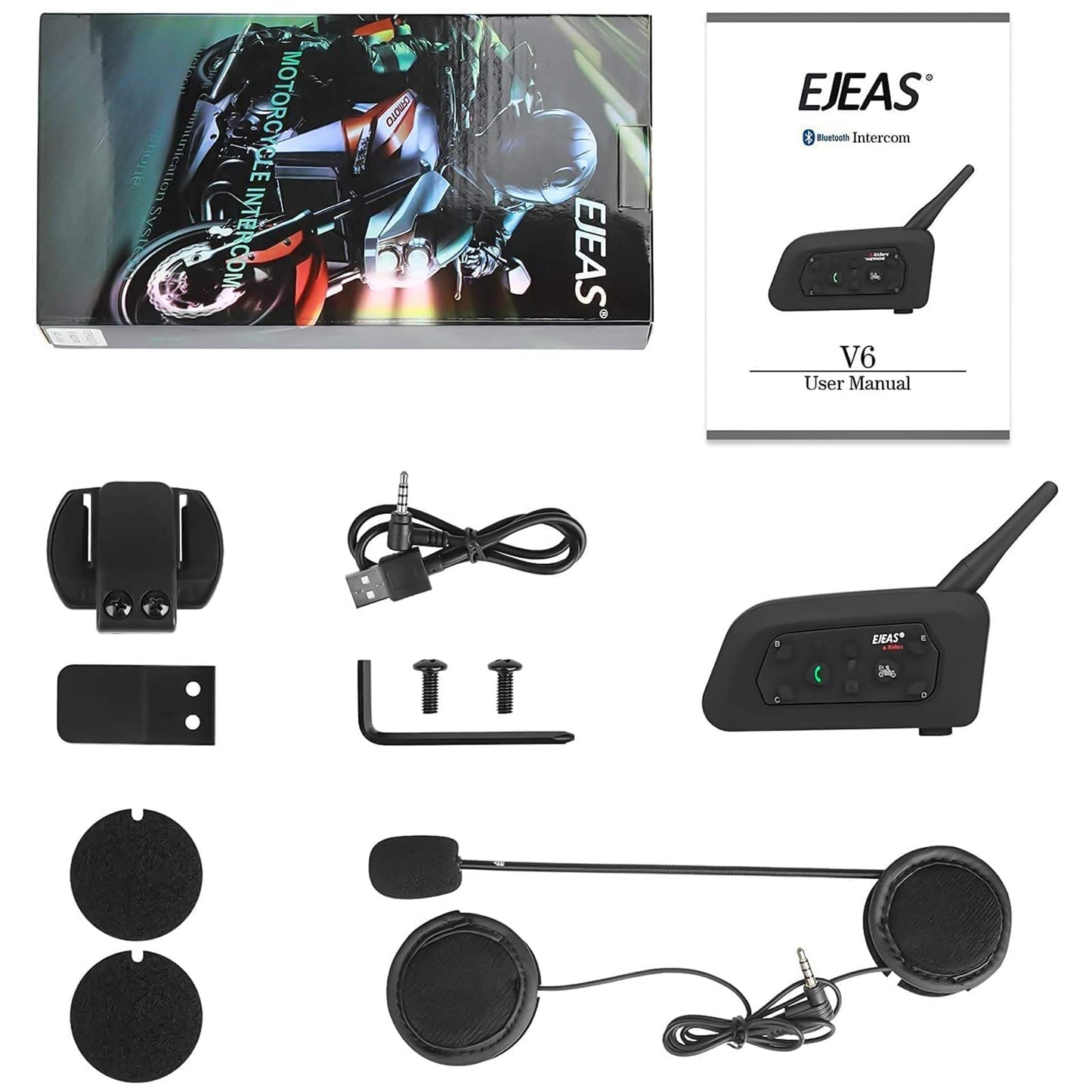 EJEAS V6 Pro Motorcycle Bluetooth Headset, 2 Riders Intercom Bluetooth 5.1 Helmet Communication System with Hands-Free Call and Noise Reduction for Motorcycling Skiing and Climbing (2 Pack)