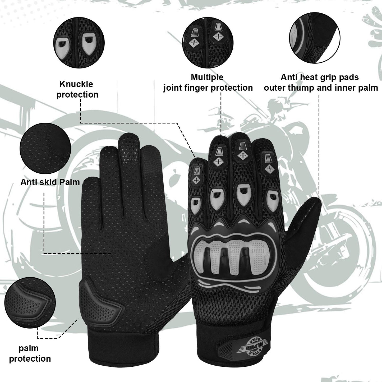 ALPHA CYCLE GEAR Moto Sports Gloves (Black, Medium)