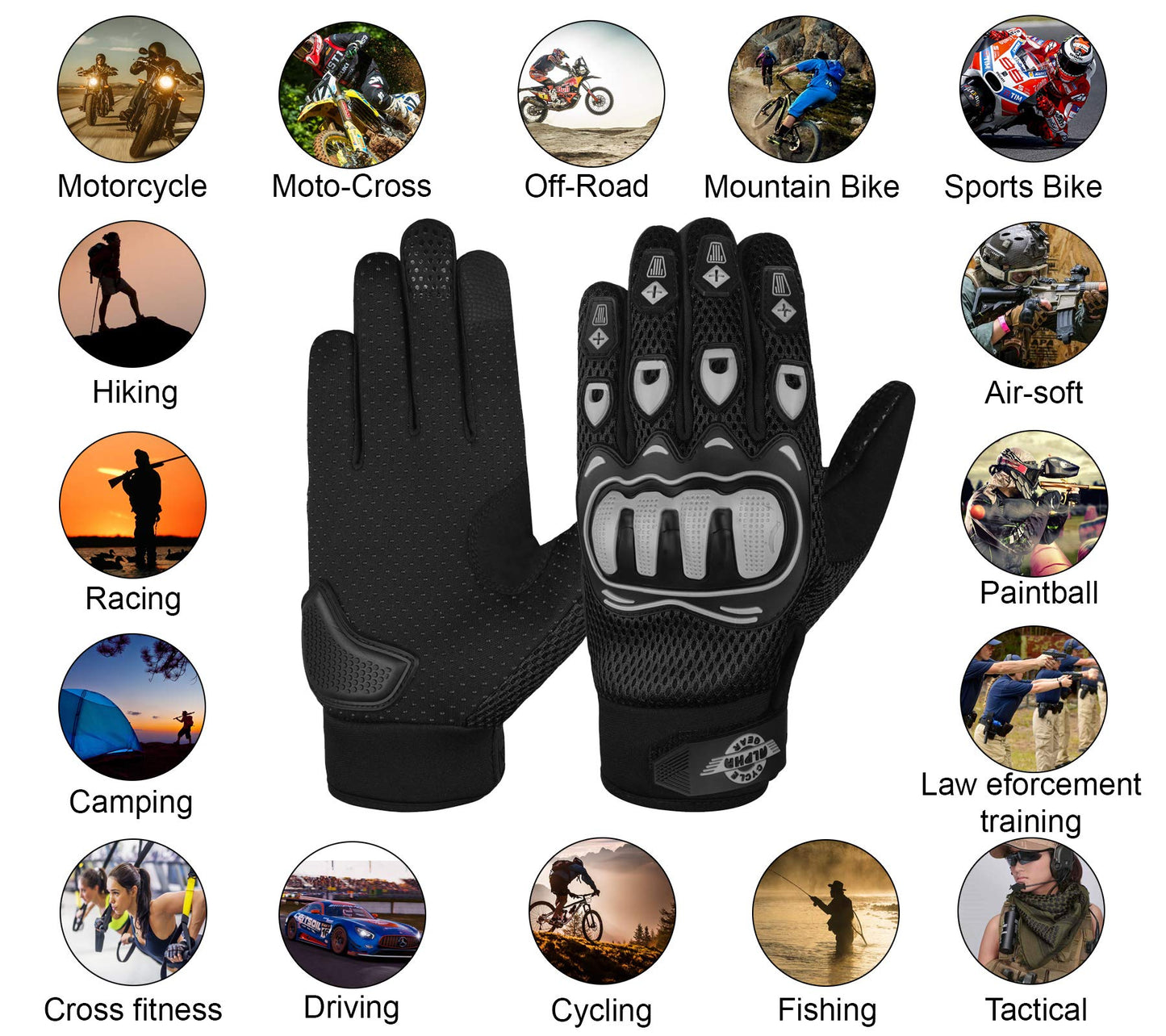 ALPHA CYCLE GEAR Moto Sports Gloves (Black, Medium)
