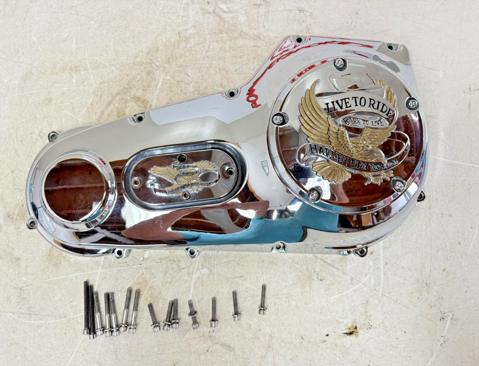 2003 HARLEY DYNA WIDE GLIDE Outer Primary Clutch Chrome Cover Live To Ride NICE!