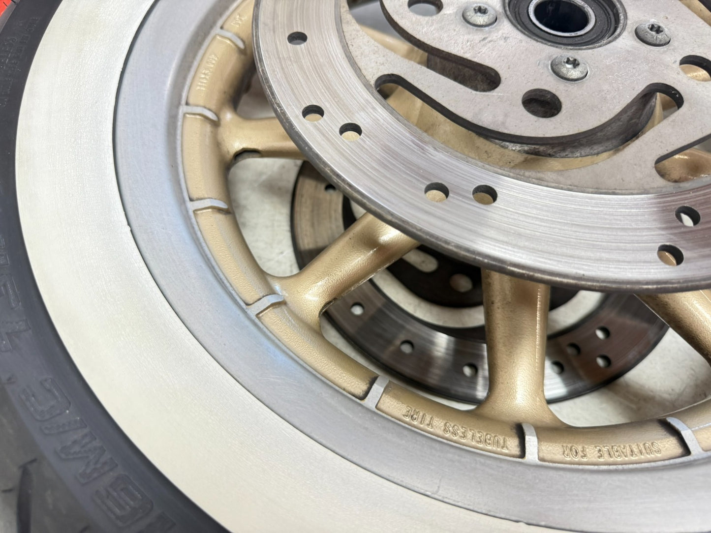 2003 HARLEY ELECTRA GLIDE 16 Front Wheel Gold Rim Tire 100th Anniversary 9 Spoke
