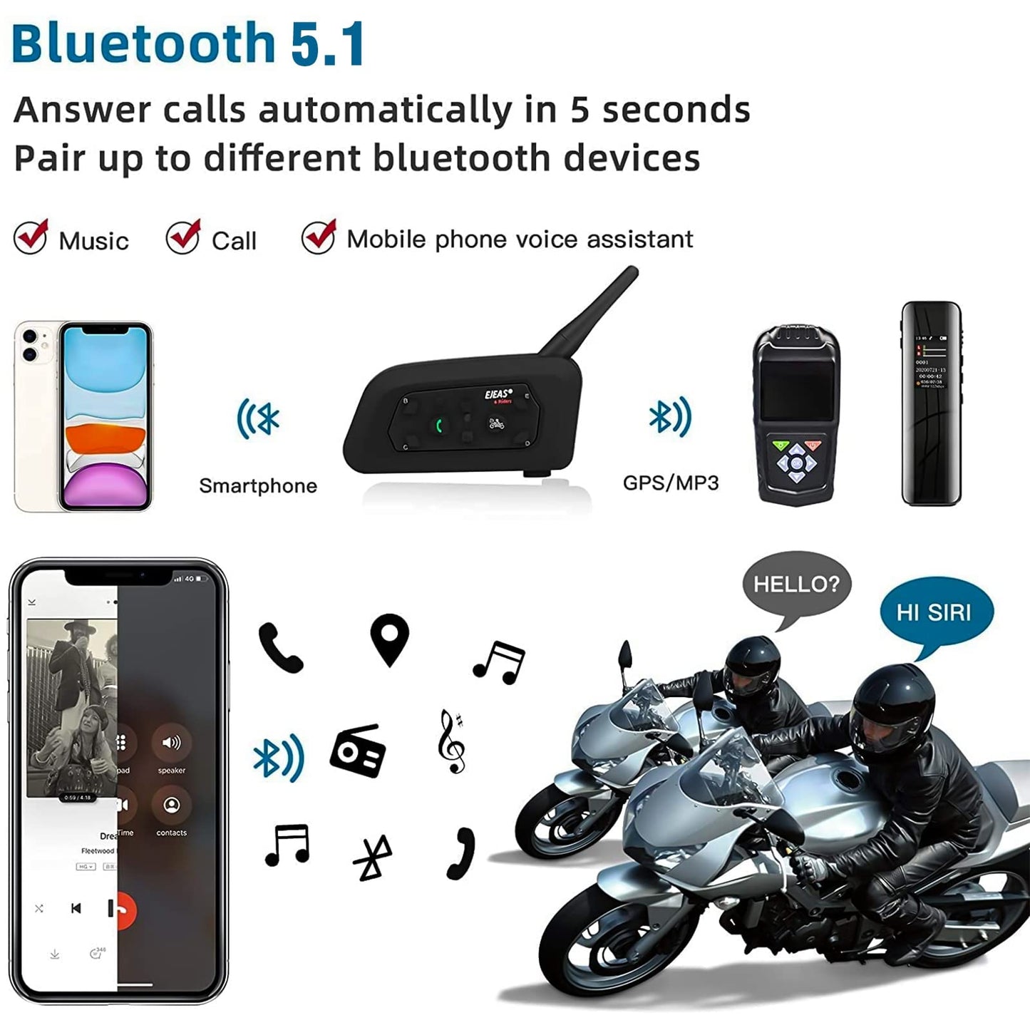 EJEAS V6 Pro Motorcycle Bluetooth Headset, 2 Riders Intercom Bluetooth 5.1 Helmet Communication System with Hands-Free Call and Noise Reduction for Motorcycling Skiing and Climbing (2 Pack)